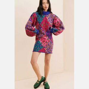 ANTHROPOLOGIE FARM RIO MIXED LEOPARD POP SWEATER DRESS